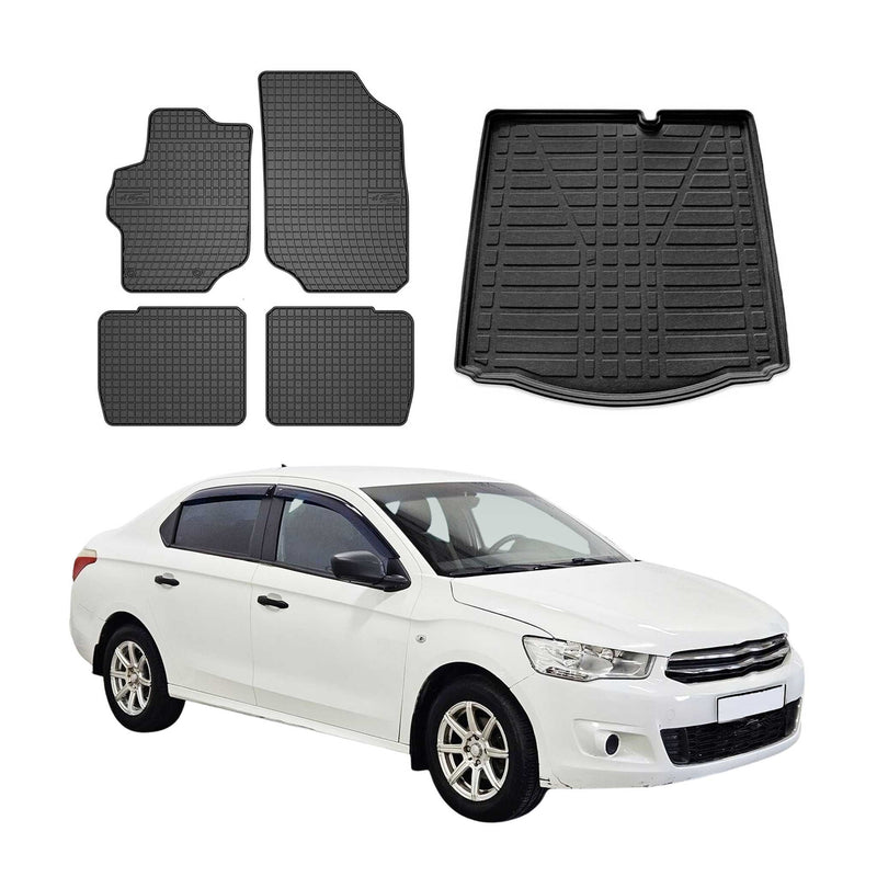Set di tappetini e vaschetta per bagagliaio per Citroen C-Elysee 2012-2025 in gomma nera 5 pezzi