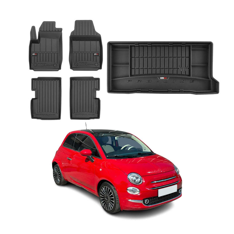 Set tappetini e vaschetta per bagagliaio OMAC per Fiat 500 2007-2025 in gomma nera 5 pezzi