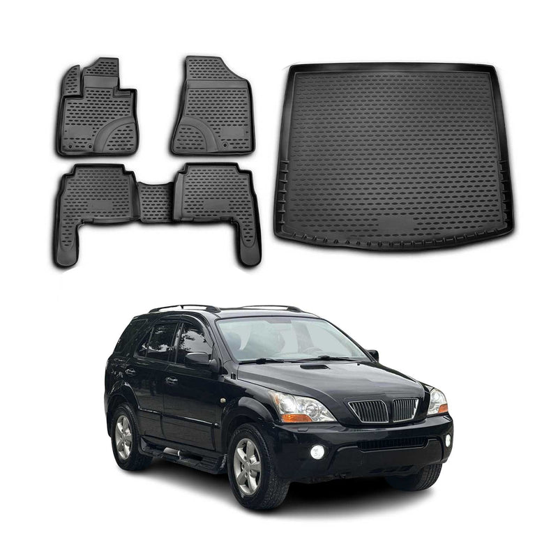 Set di tappetini e vaschetta per bagagliaio per Kia Sorento 2009-2014 in gomma TPE nera 5 pezzi