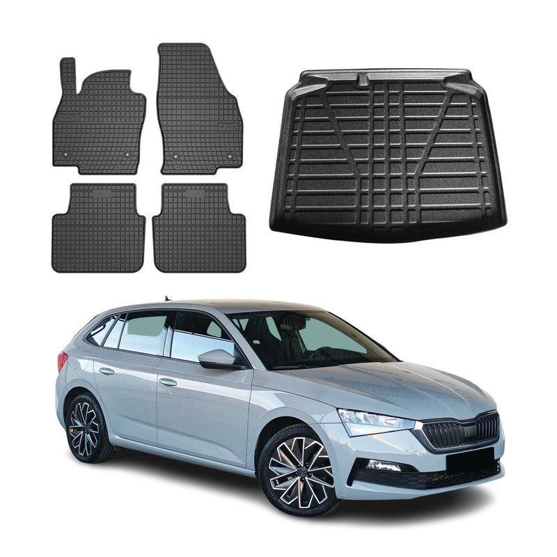 Set di tappetini e vaschetta per bagagliaio per Skoda Scala 2019-2025 in gomma TPE nero 5 pezzi