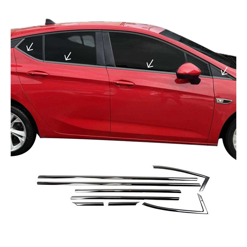 Listelli decorativi per finestrini Opel Astra K hatchback in acciaio inox scuro, 8 pezzi