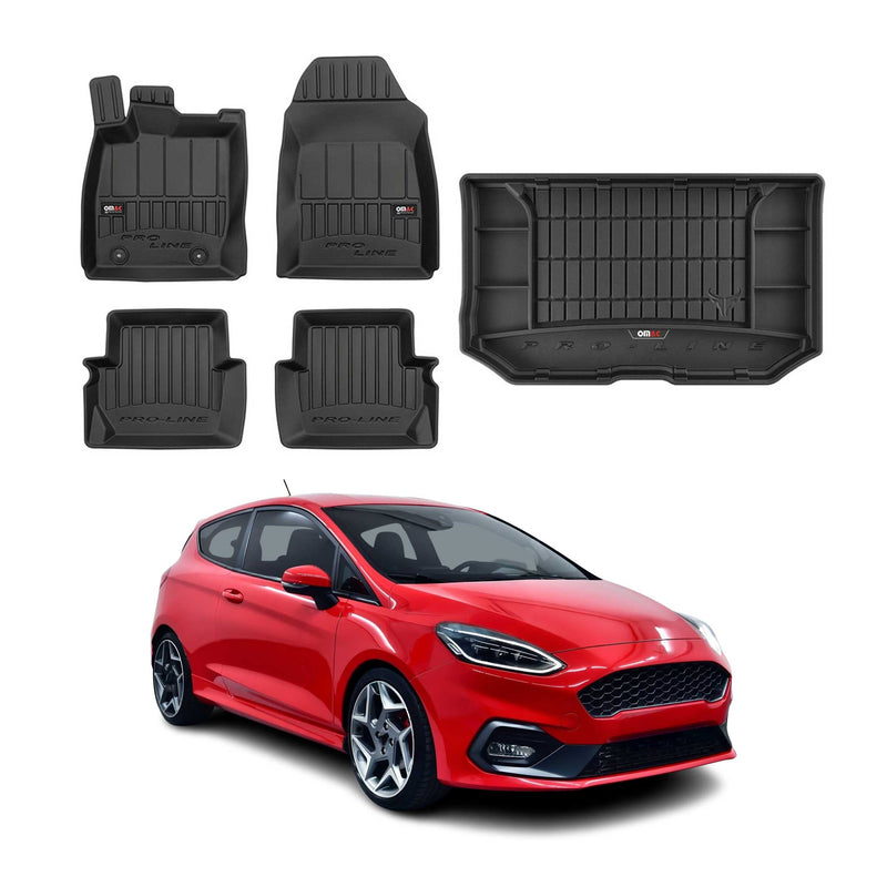 Set di tappetini e vaschetta per bagagliaio OMAC per Ford Fiesta 2017-2024 in gomma nera, 5 pezzi