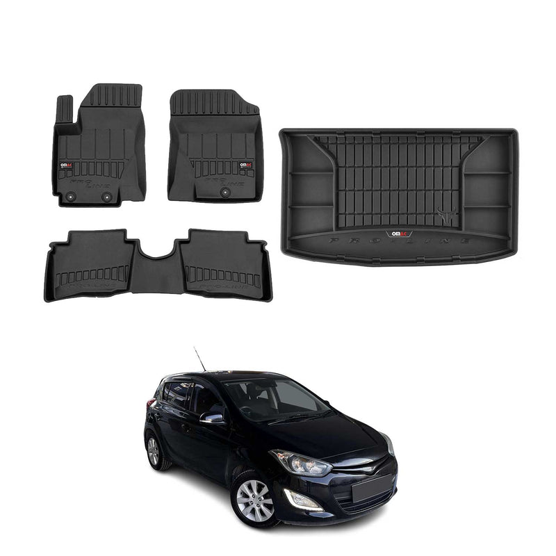 Set di tappetini e vaschetta per bagagliaio OMAC per Hyundai i20 2008-2014 in gomma nera 4 pezzi