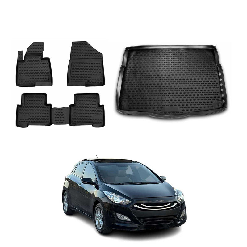 Set di tappetini e vaschetta per bagagliaio per Hyundai i30 2011-2016 5 porte 3D TPE Nero