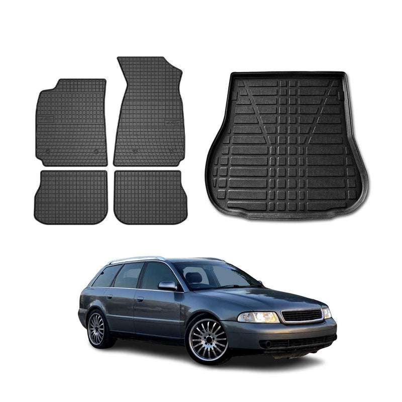 Set di tappetini e vaschetta per bagagliaio per Audi A4 B5 Avant 1994-2001 in gomma nera 5 pezzi