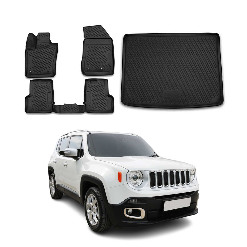 Set di tappetini e vaschetta per bagagliaio per Jeep Renegade 2014-2024 in gomma TPE nera 5 pezzi