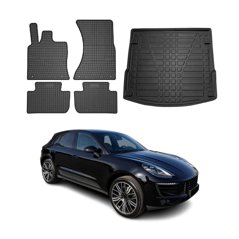 Set di tappetini e vaschetta per bagagliaio per Porsche Macan 2014-2025 in gomma nera 5 pezzi