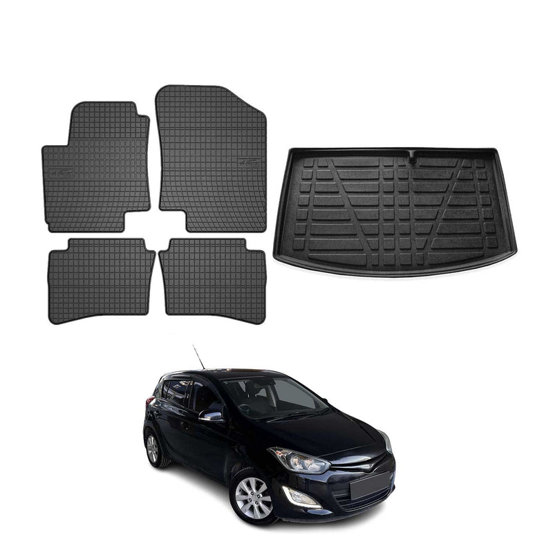 Set di tappetini e vaschetta per bagagliaio per Hyundai i20 hatchback 2008-2014 in gomma, 5 pezzi