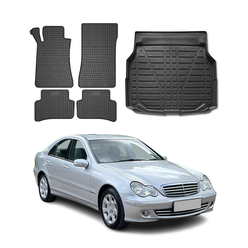 Fußmatten & Kofferraumwanne Set für Mercedes C Klasse W203 2000-2007 Gummi 5x