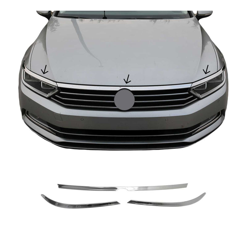 Modanature per fari anteriori e cofano per VW Passat B8 2015-2021 in acciaio inox, 3 pezzi