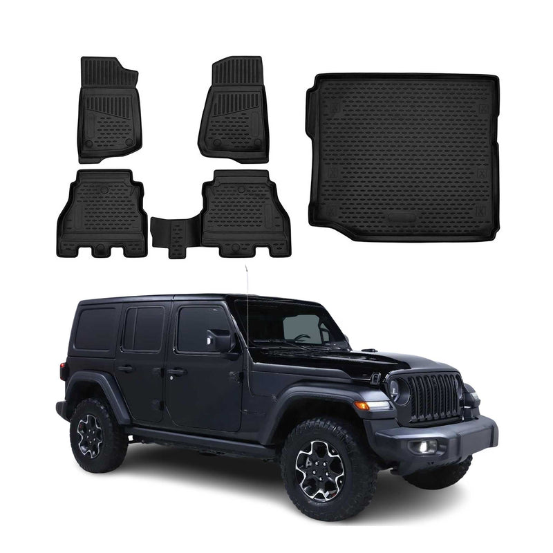 Set di tappetini e vaschetta per bagagliaio per Jeep Wrangler 2018-2025 in gomma TPE nera 5 pezzi