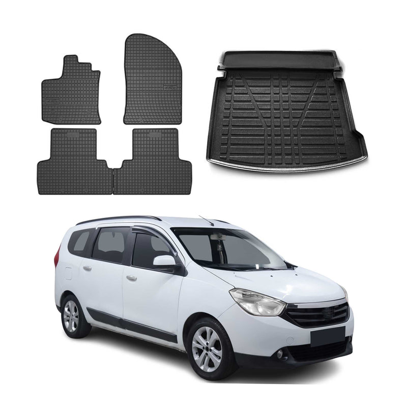 Set tappetini e vaschetta per bagagliaio per Dacia Lodgy 2012-2024 5 porte in gomma nera 5x