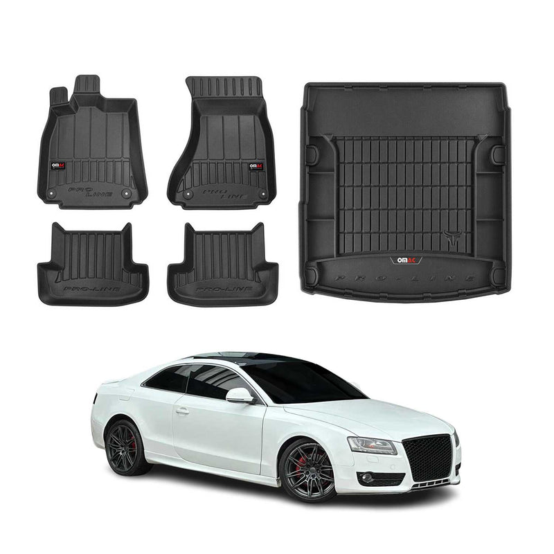Set di tappetini e vaschetta per bagagliaio OMAC per Audi A5 8T3 Coupe 2007-2016 in gomma, 5 pezzi