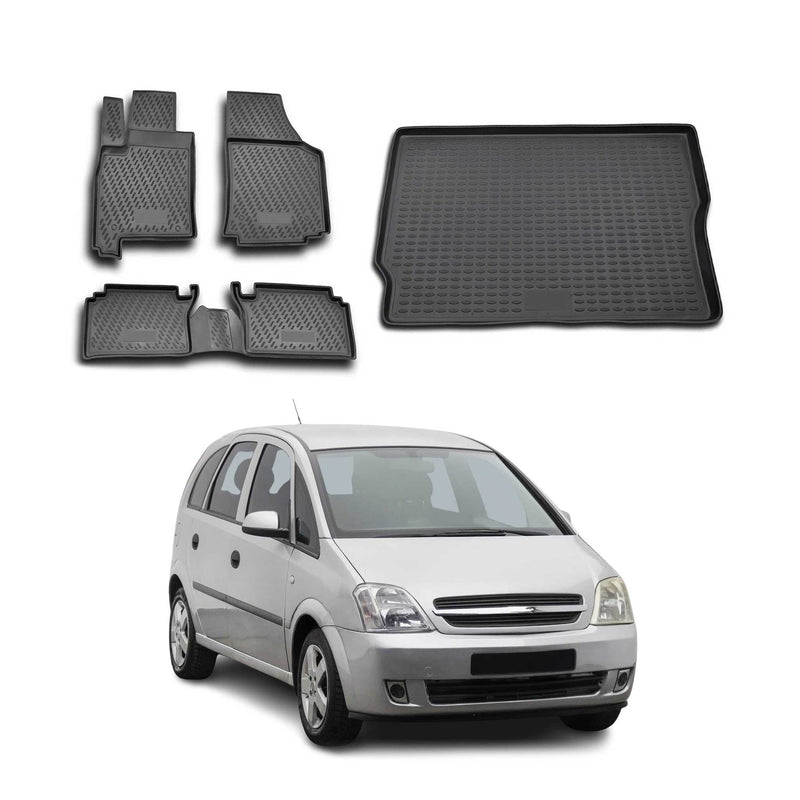 Set tappetini e vaschetta per bagagliaio per Opel Meriva 2003-2009 in gomma TPE Nero 5 pezzi