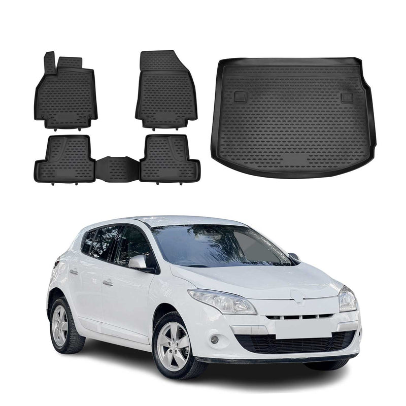 Set tappetini e vaschetta per bagagliaio per Renault Megane 2010-2016 5 porte TPE Nero