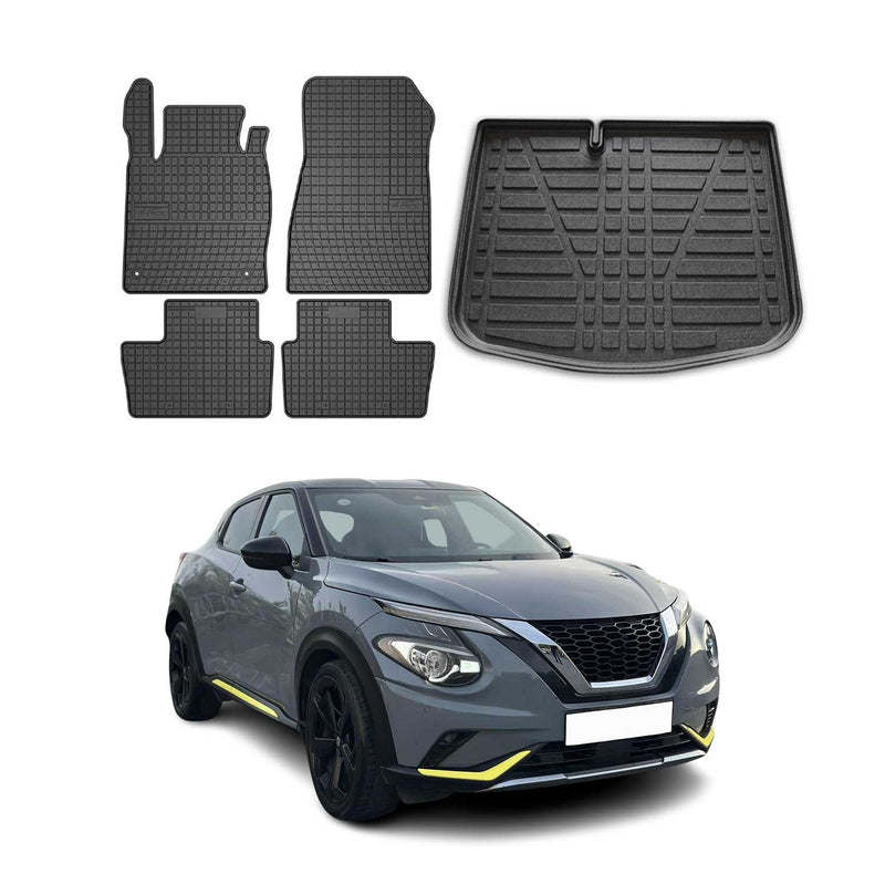 Set di tappetini e vaschetta per bagagliaio per Nissan Juke 2019-2025 in gomma TPE nera 5 pezzi