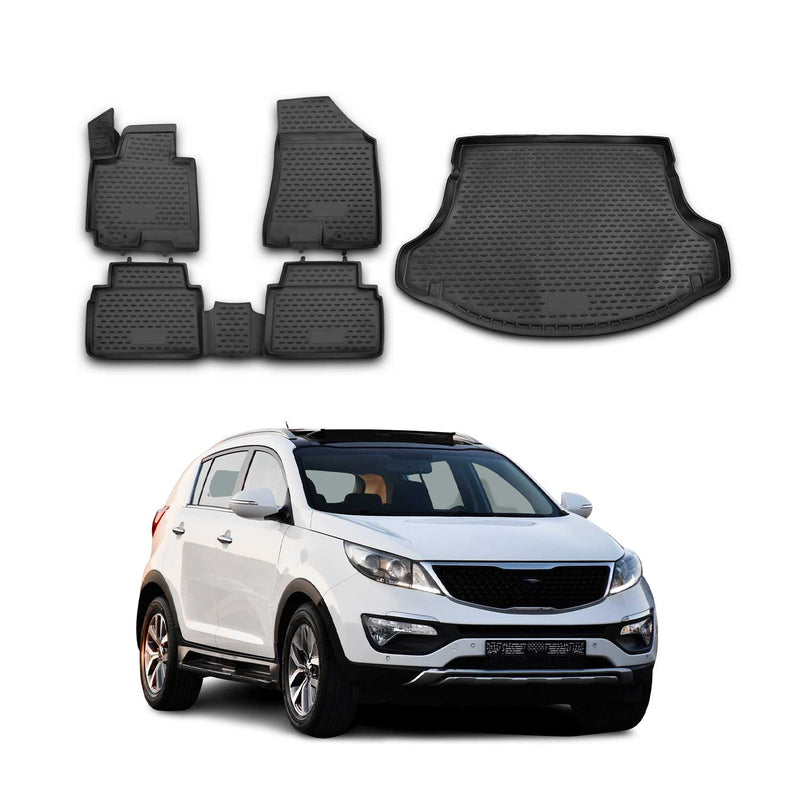 Set di tappetini e vaschetta per bagagliaio per Kia Sportage 2010-2015 in gomma TPE nera 5 pezzi