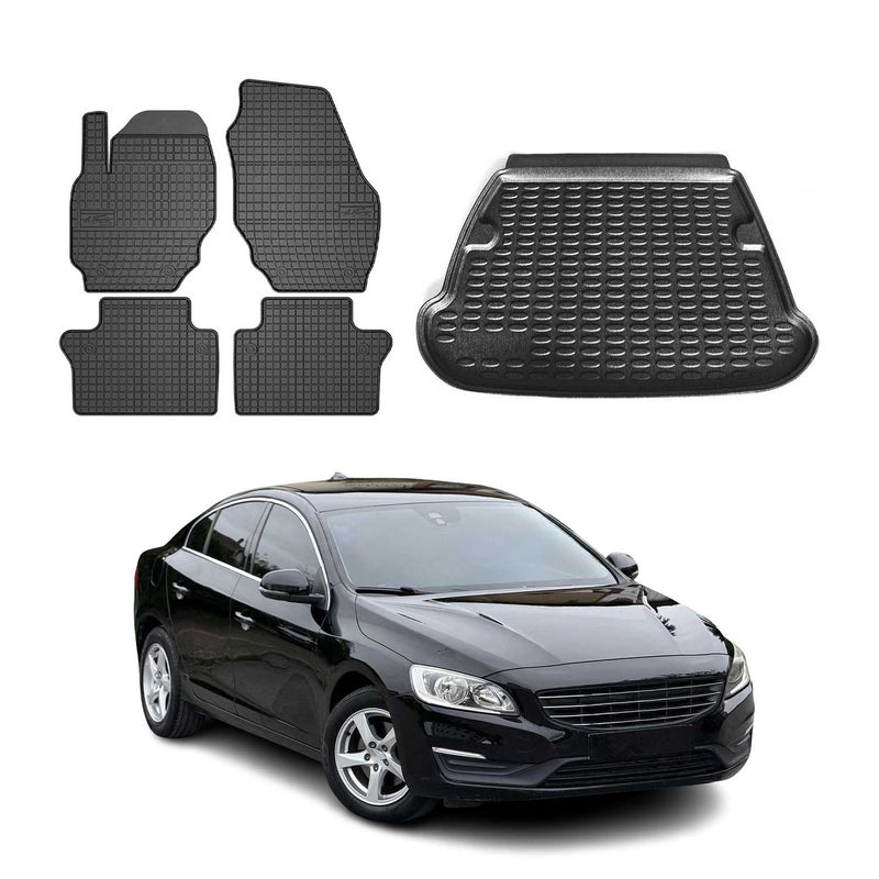 Set di tappetini e vaschetta per bagagliaio per Volvo S60 2011-2025 in gomma TPE nera 5 pezzi
