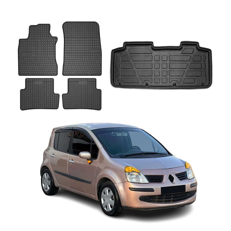 Set tappetini e vaschetta per bagagliaio per Renault Modus 2005-2013 Gomma Nero 5x