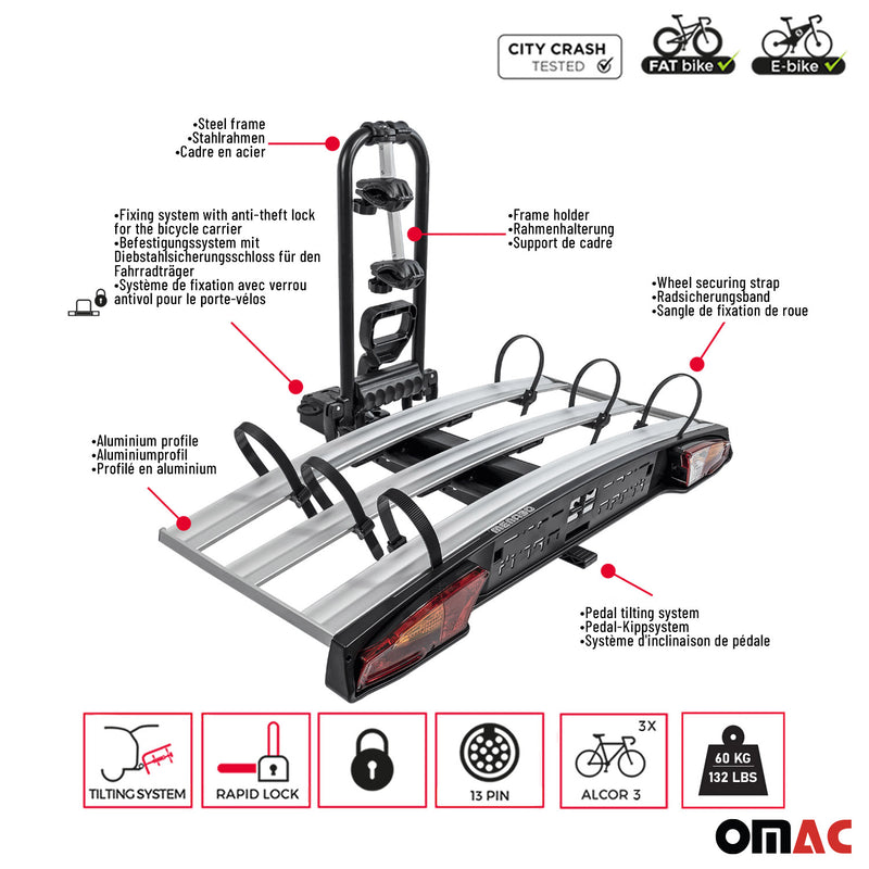 Portabiciclette da gancio traino E Bike 3 bici