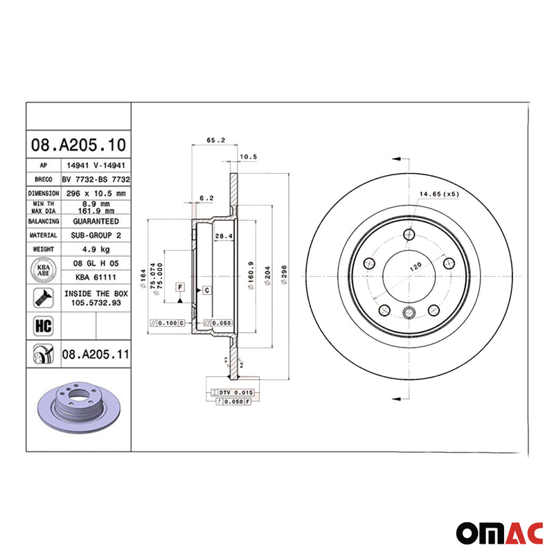 BMW 1er E81 3er E90 E92 Bremsscheibe Bremsanlage 2x Ø296 Brembo 08.A205.10
