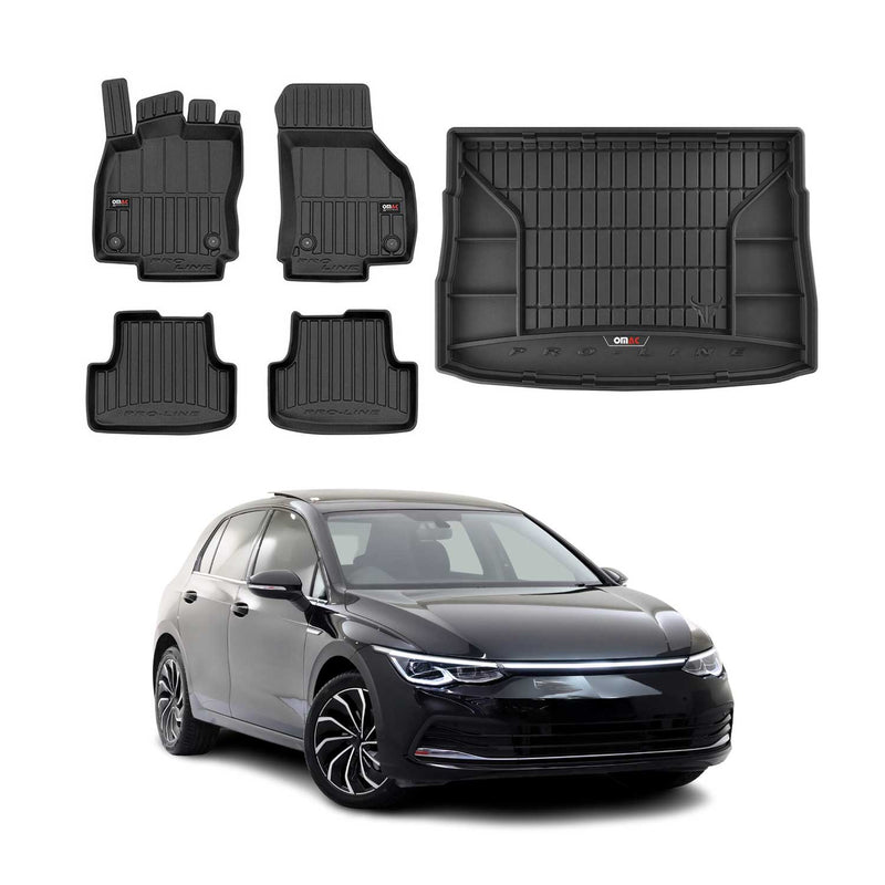 Set di tappetini e vaschetta per bagagliaio OMAC per VW Golf 2019-2025 in gomma TPE nera 5 pezzi