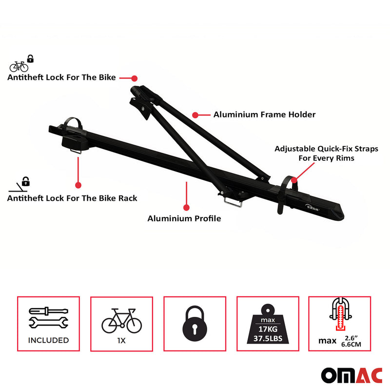 Portabici da tetto per 2 bici fino a 17 kg, in alluminio, colore nero