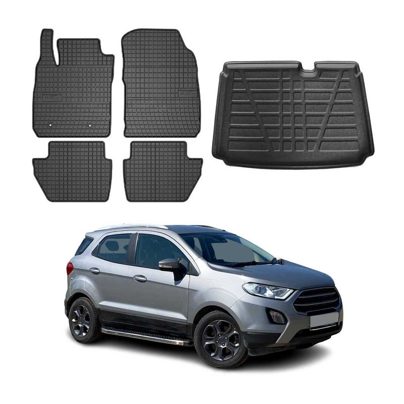 Set di tappetini e vaschetta per bagagliaio per Ford Ecosport 2011-2024 in gomma nera 5 pezzi