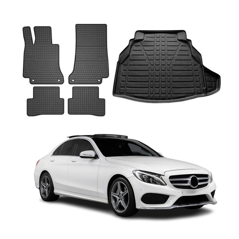 Set di tappetini e vaschetta per bagagliaio per Mercedes Classe C W205 2013-2025 in gomma 5 pezzi