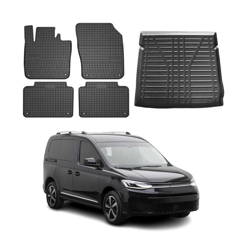 Set di tappetini e vaschetta per bagagliaio per VW Caddy 2020-2025 in gomma TPE nera 5 pezzi