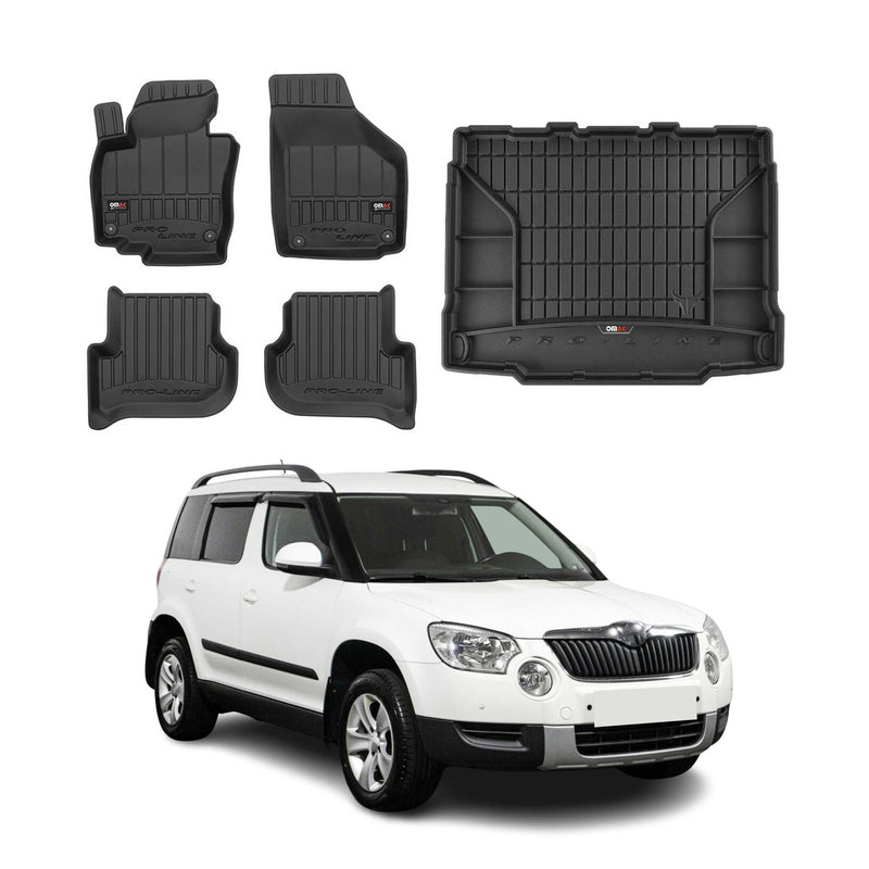 Set di tappetini e vaschetta per bagagliaio OMAC per Skoda Yeti 2009-2017 in gomma nera, 5 pezzi