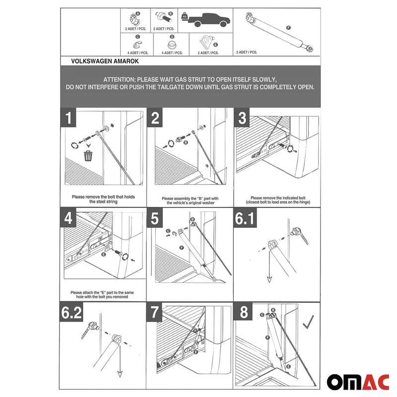 2x ammortizzatori a gas per portellone posteriore per VW Amarok 2010-2021 in acciaio inossidabile 