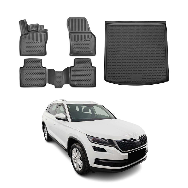Set di tappetini e vaschetta per bagagliaio per Skoda Kodiaq 2016-2025 in gomma TPE nera 5 pezzi