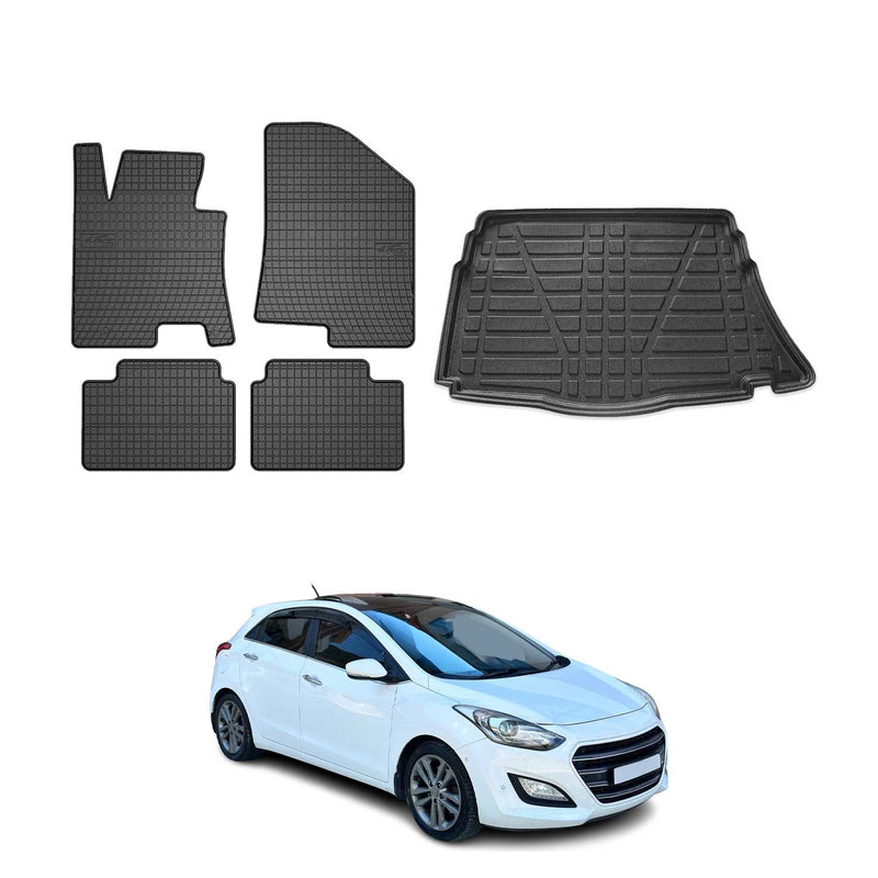 Set di tappetini e vaschetta per bagagliaio per Hyundai i30 station wagon 2012-2017 in gomma nera 5 pezzi