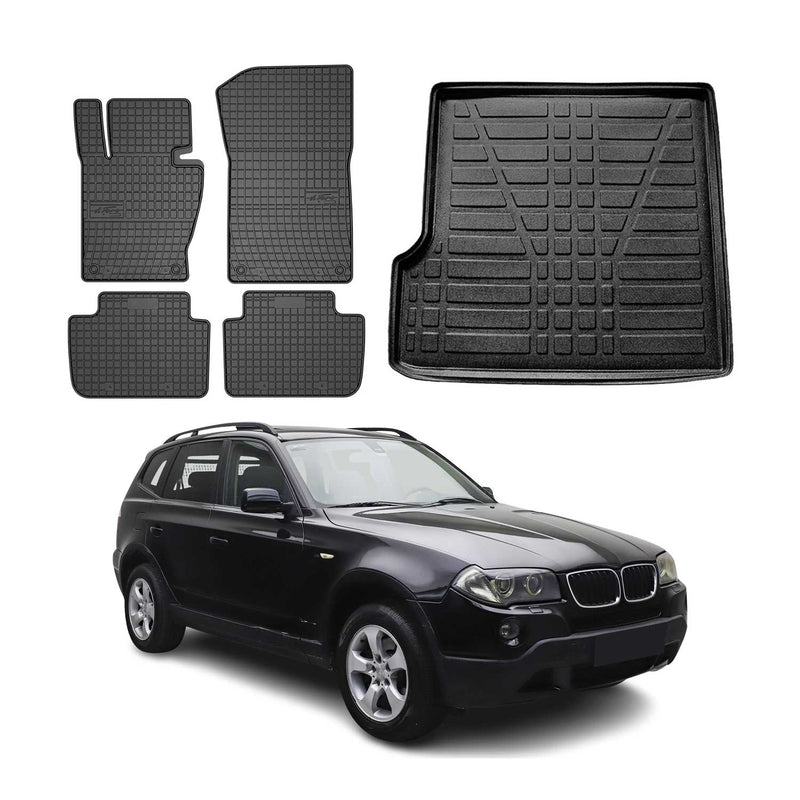 Set di tappetini e vaschetta per bagagliaio per BMW X3 E83 2003-2010 Gomma Nero 5x