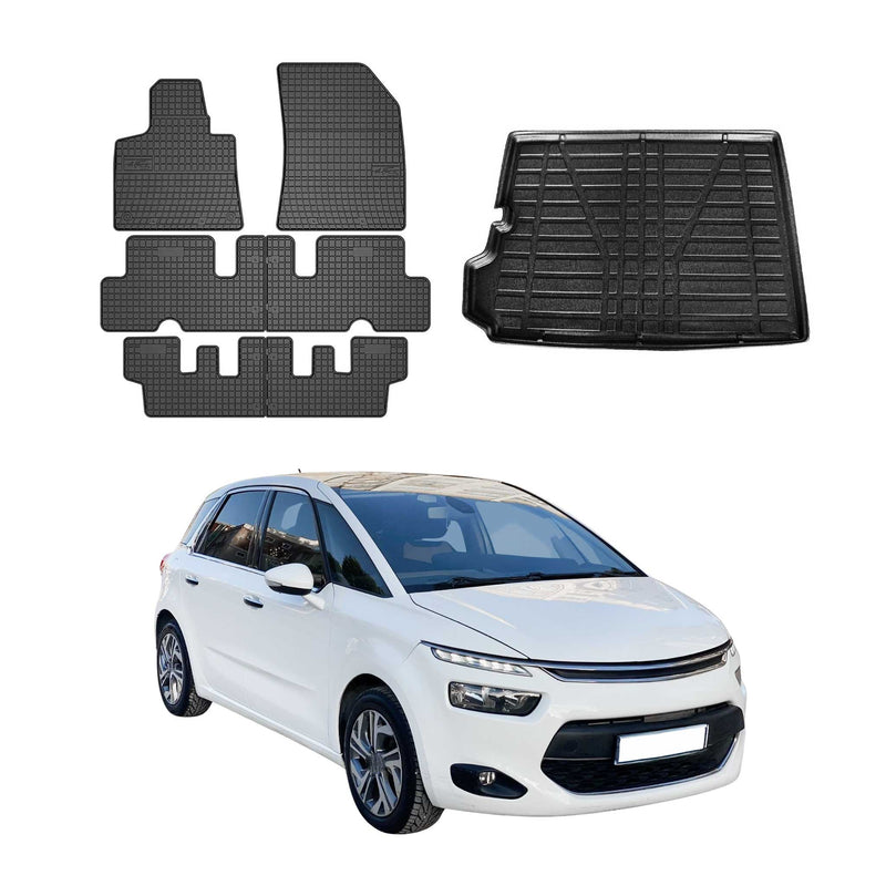 Set tappetini e vaschetta per bagagliaio per Citroen C4 Grand Picasso 2013-2018 in gomma, 3 pezzi