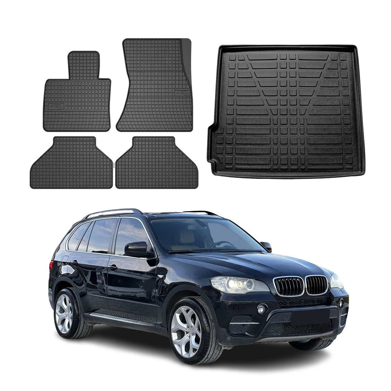 Set tappetini e vaschetta per bagagliaio per BMW X5 E70 2006-2013 Gomma Nero TPE 5 pezzi