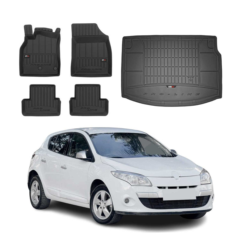 Set di tappetini e vaschetta per bagagliaio OMAC per Renault Megane 2008-2015 in gomma TPE 5 pezzi