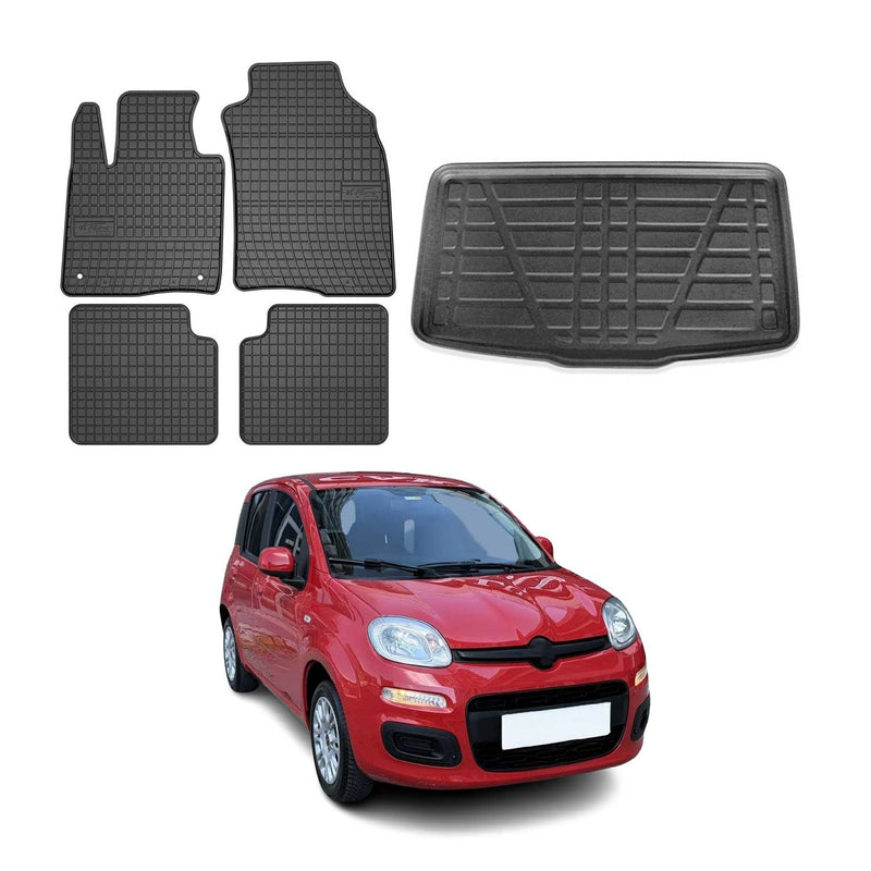 Set tappetini e vaschetta per bagagliaio per Fiat Panda 2012-2025 5 porte in gomma nera 5x