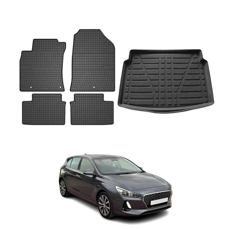 Set di tappetini e vaschetta per bagagliaio per Hyundai i30 hatchback 2016-2025 in gomma 5 pezzi