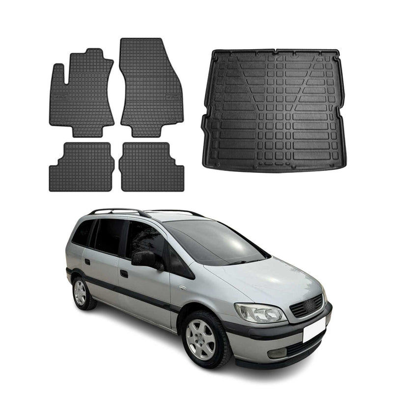 Set tappetini e vaschetta per bagagliaio per Opel Zafira 1999-2005 in gomma TPE Nero 5 pezzi