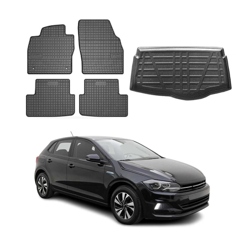 Set di tappetini e vaschetta per bagagliaio per VW Polo 2017-2021 in gomma inferiore nera 5 pezzi
