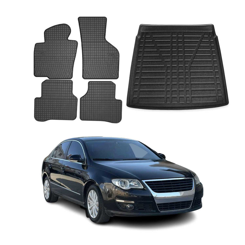Set tappetini e vaschetta per bagagliaio per VW Passat 2005-2010, gomma inferiore nera, 5 pezzi