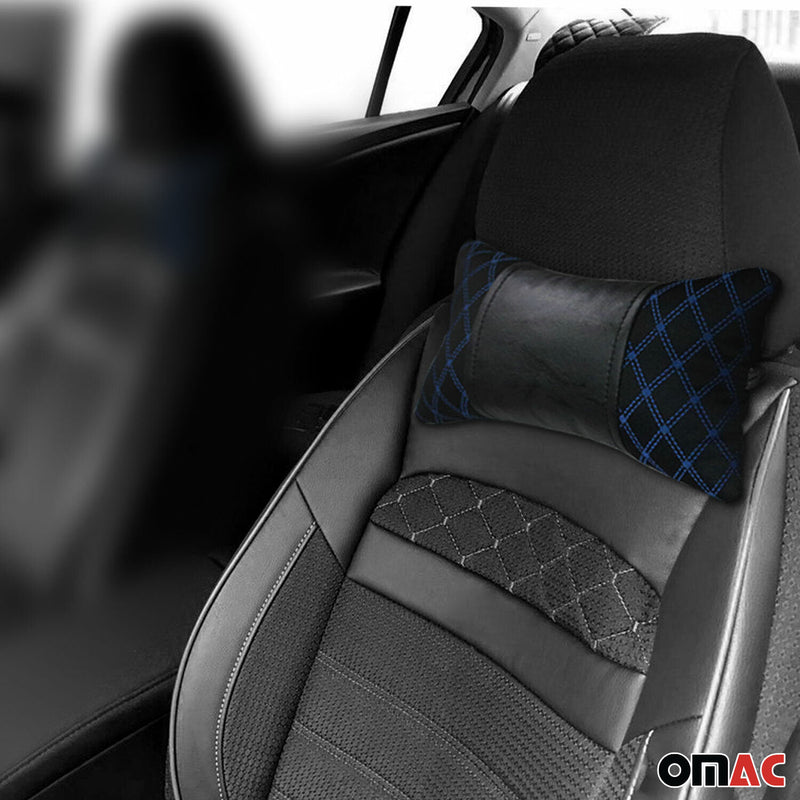 Cuscino poggiatesta auto supporto collo tessuto e pelle blu nero 8x30 cm