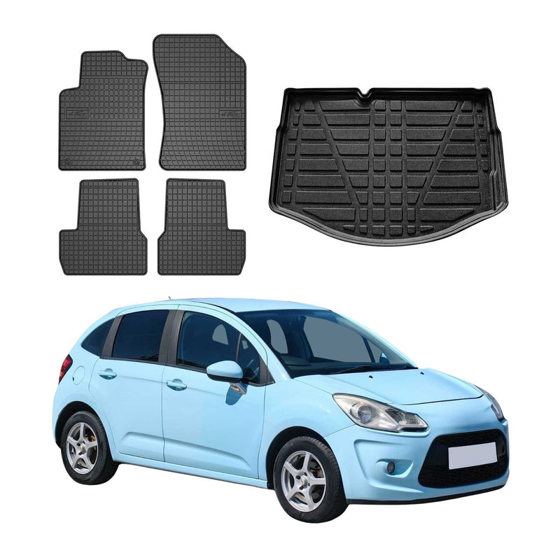 Set di tappetini e vaschetta per bagagliaio per Citroen C3 Hatchback 2009-2016 in gomma, 5 pezzi