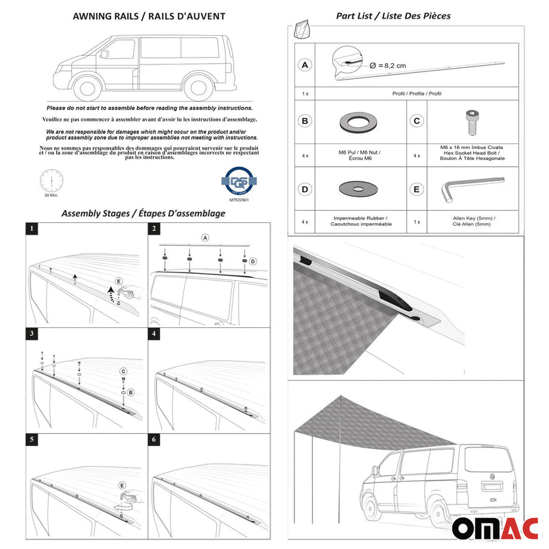 Set di tendalini con binario per tenda da sole per Ford Tourneo Custom dal 2023 L1 Alu