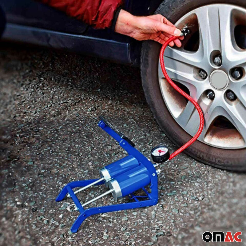 Pompa a pedale OMAC, pompa ad aria a pedale per auto con manometro, pompa ad aria a doppio cilindro per bicicletta 
