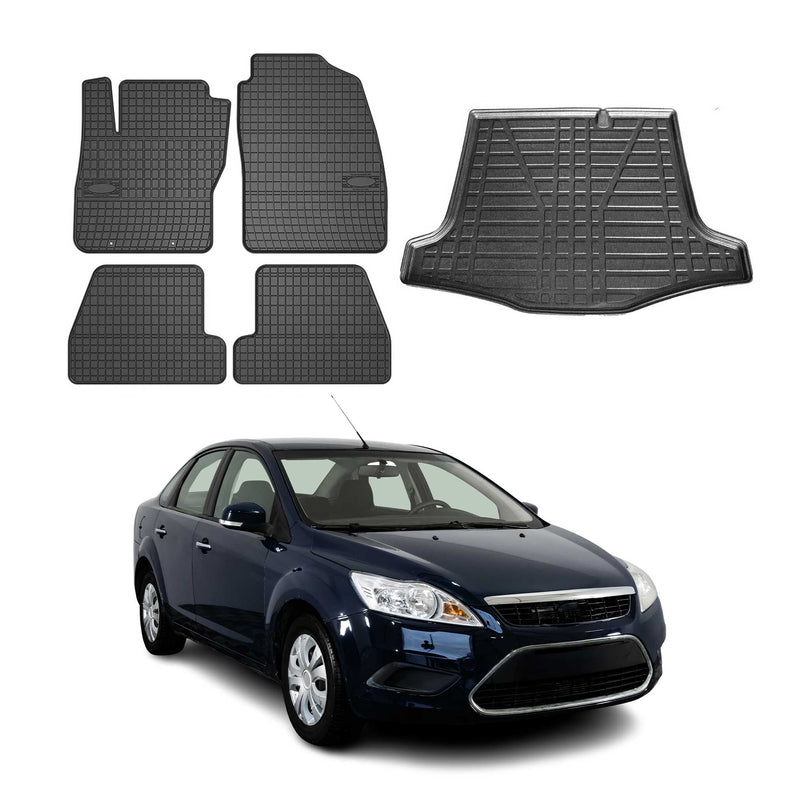 Set di tappetini e vaschetta per bagagliaio per Ford Focus mk2 2004-2011 Limo in gomma 5 pezzi