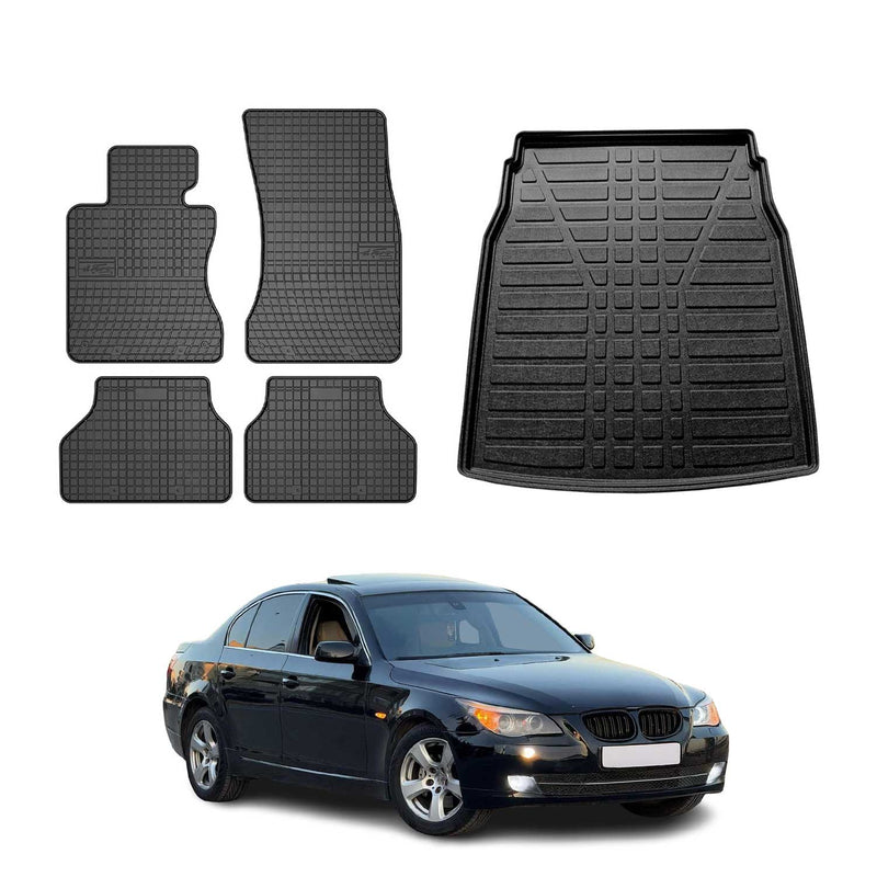 Set tappetini e vaschetta per bagagliaio per BMW Serie 5 E60 2001-2010 in gomma TPE Nero 5 pezzi