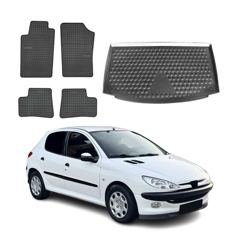 Set tappetini e vaschetta per bagagliaio per Peugeot 206 Hatchback 1999-2007 Gomma 5x